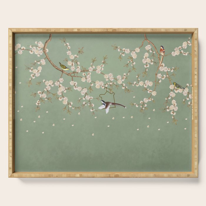 Chinoiserie Sage Green Cherry Blossom Bird Garden Serving Tray Gallery Image 1