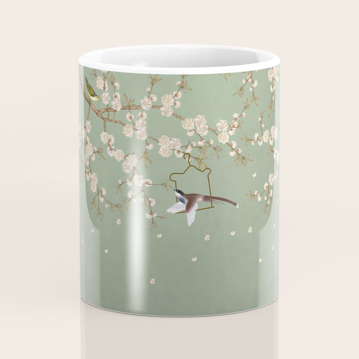 Chinoiserie Sage Green Cherry Blossom Bird Garden Coffee Mug Gallery Image 4