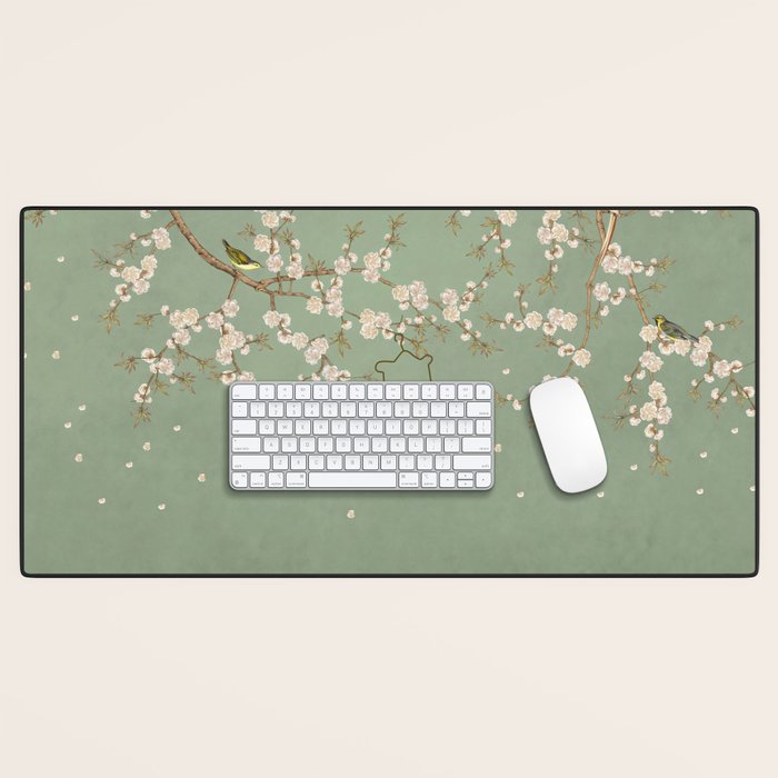 Chinoiserie Sage Green Cherry Blossom Bird Garden Desk Mat Gallery Image 1