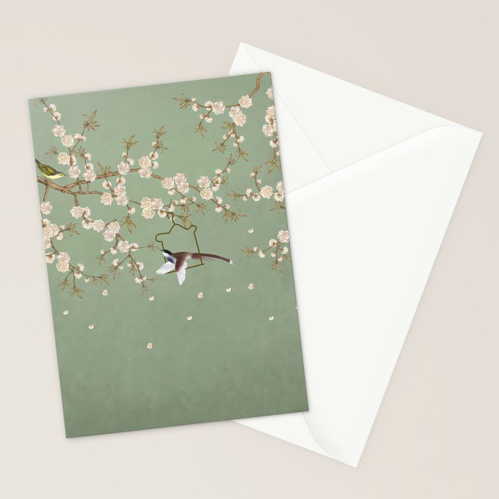 Chinoiserie Sage Green Cherry Blossom Bird Garden Stationery Card Gallery Image 2