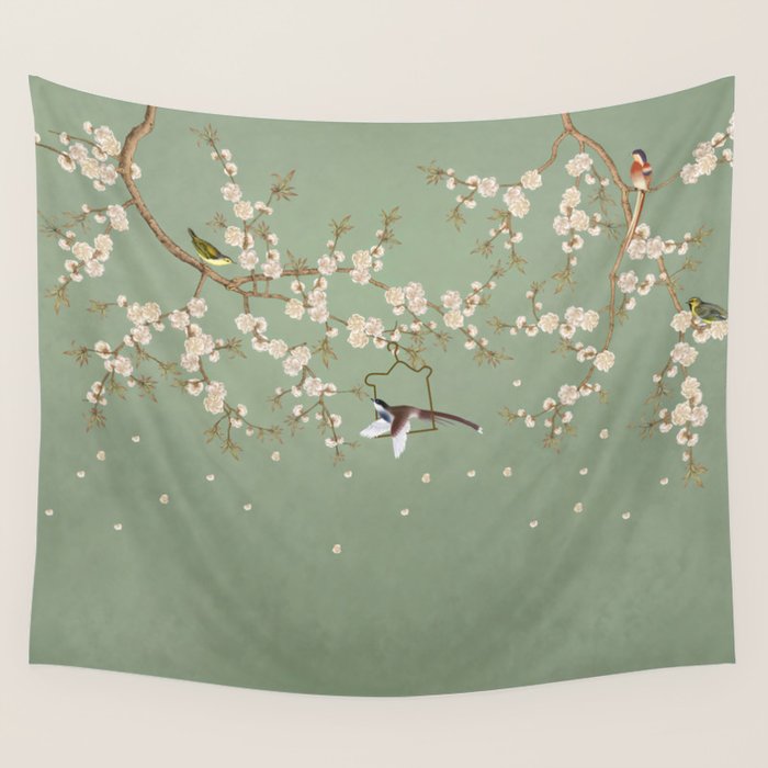 Chinoiserie Sage Green Cherry Blossom Bird Garden Wall Tapestry Gallery Image 4