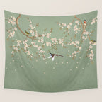 Chinoiserie Sage Green Cherry Blossom Bird Garden Wall Tapestry Gallery Image 4