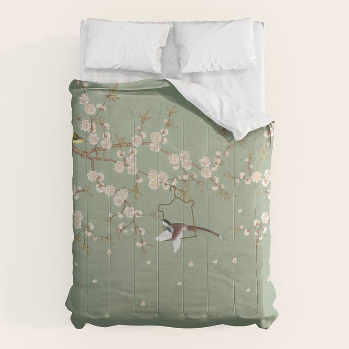 Chinoiserie Sage Green Cherry Blossom Bird Garden Comforter Gallery Image 6