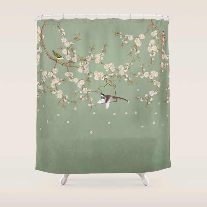 Chinoiserie Sage Green Cherry Blossom Bird Garden Shower Curtain Gallery Image 1