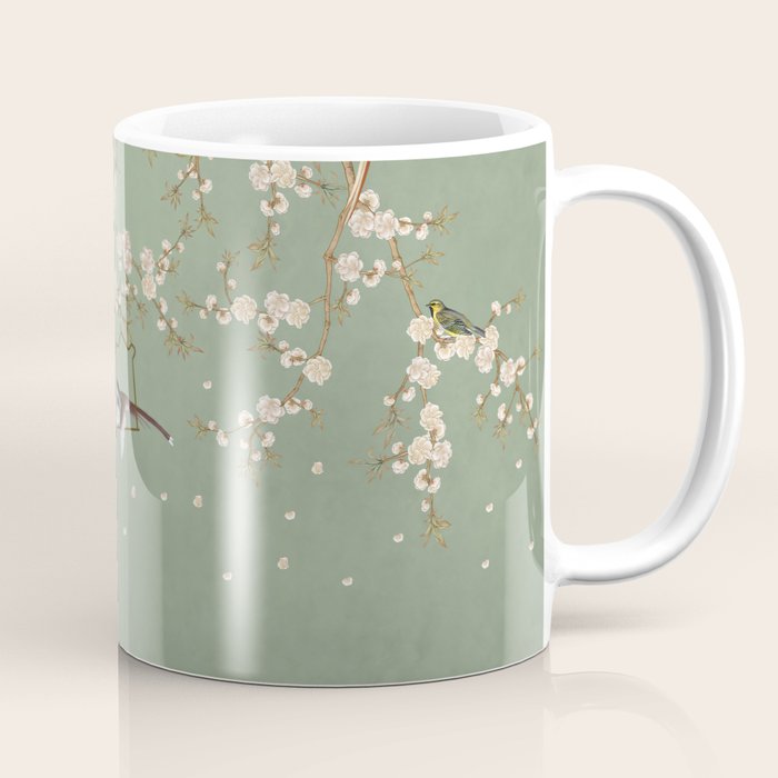 Chinoiserie Sage Green Cherry Blossom Bird Garden Coffee Mug Gallery Image 1