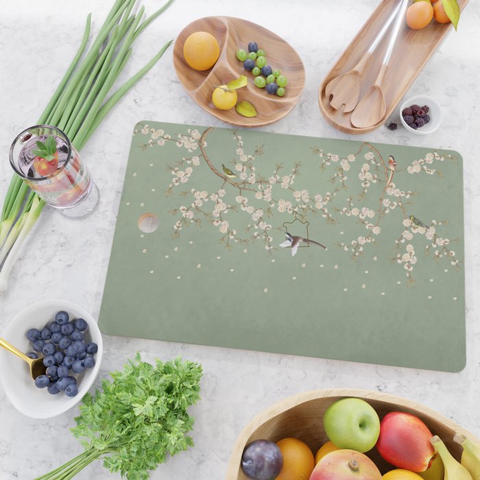 Chinoiserie Sage Green Cherry Blossom Bird Garden Cutting Board Gallery Image 2