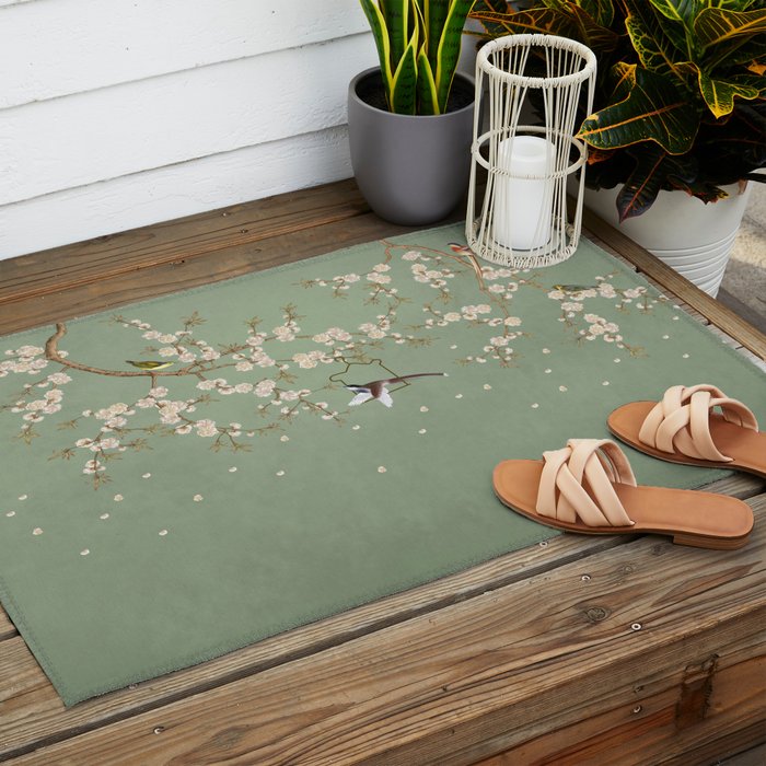 Chinoiserie Sage Green Cherry Blossom Bird Garden Outdoor Rug Gallery Image 2