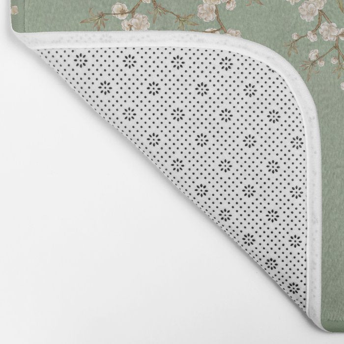 Chinoiserie Sage Green Cherry Blossom Bird Garden Bath Mat Gallery Image 2