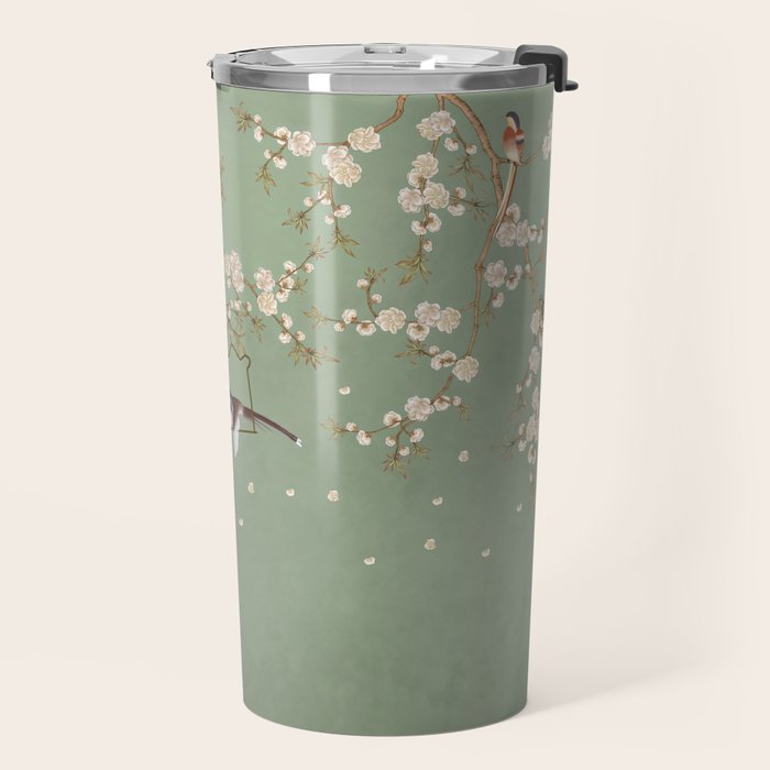 Chinoiserie Sage Green Cherry Blossom Bird Garden Travel Mug Gallery Image 2