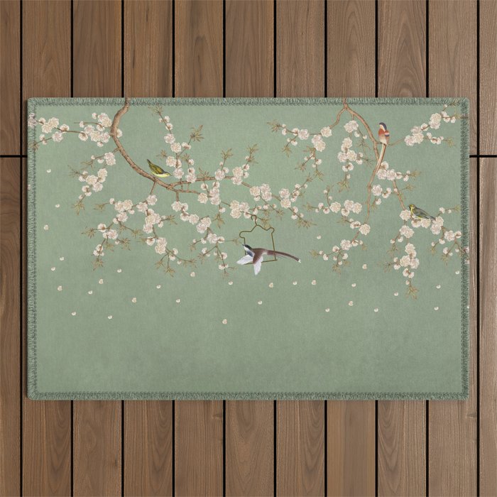 Chinoiserie Sage Green Cherry Blossom Bird Garden Outdoor Rug Gallery Image 1