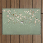 Chinoiserie Sage Green Cherry Blossom Bird Garden Outdoor Rug Gallery Image 1