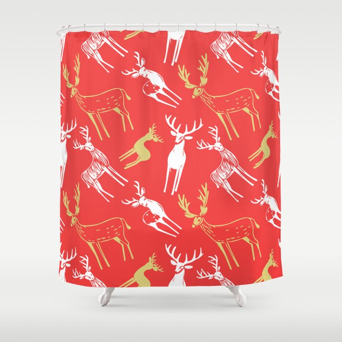 Red christmas reindeer animal pattern Shower Curtain Gallery Image 1