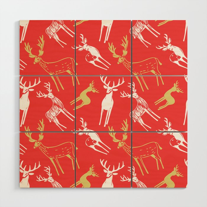 Red christmas reindeer animal pattern Wood Wall Art Gallery Image 1
