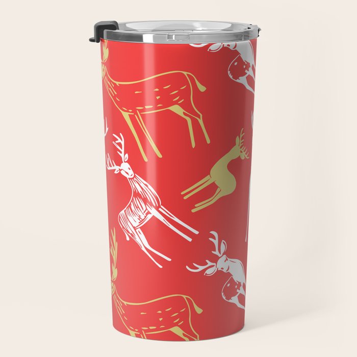 Red christmas reindeer animal pattern Travel Mug Gallery Image 3