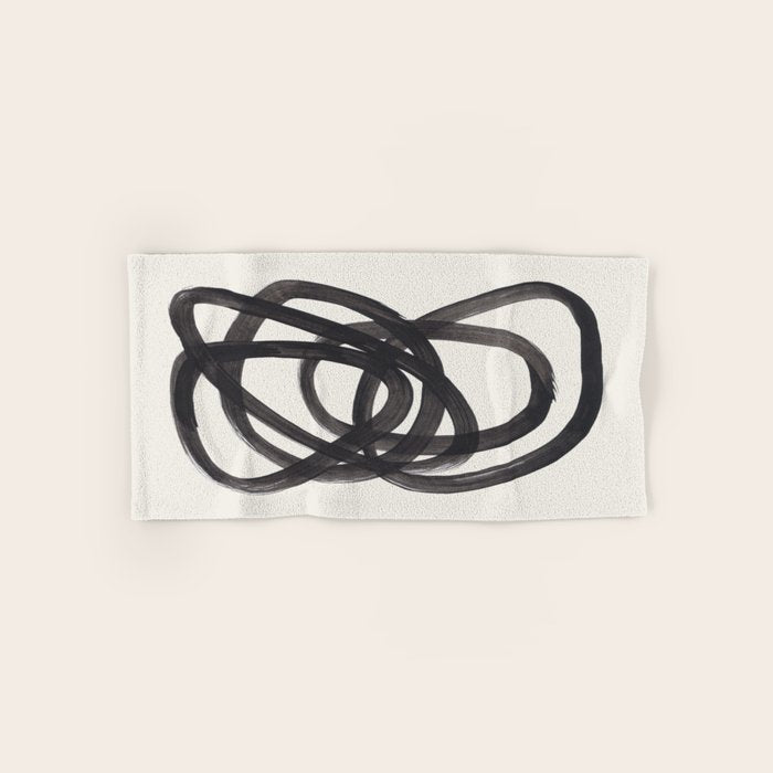Mid Century Modern Minimalist Abstract Art Brush Strokes Black & White Ink Art Spiral Circles Bath Towel Gallery Image 1