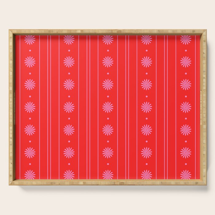 Daisy Stripes Pattern in Preppy Pink and Red Serving Tray Gallery Image 1