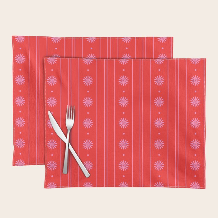 Daisy Stripes Pattern in Preppy Pink and Red Placemat Gallery Image 1