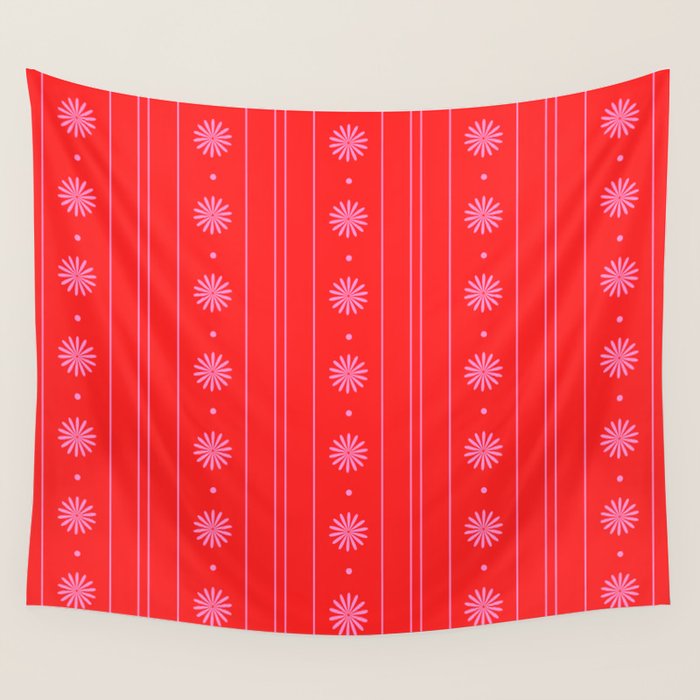 Daisy Stripes Pattern in Preppy Pink and Red Wall Tapestry Gallery Image 4