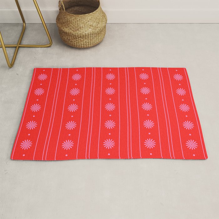 Daisy Stripes Pattern in Preppy Pink and Red Rug Gallery Image 1