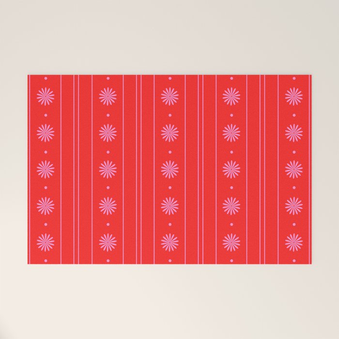 Daisy Stripes Pattern in Preppy Pink and Red Welcome Mat Gallery Image 1