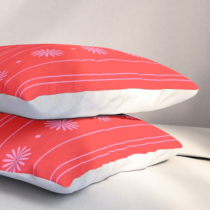 Daisy Stripes Pattern in Preppy Pink and Red Pillow Sham Gallery Image 3