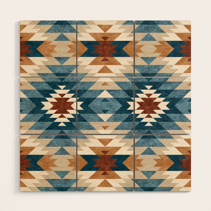 Aztec Pattern Blue Colors Wood Wall Art Gallery Image 1