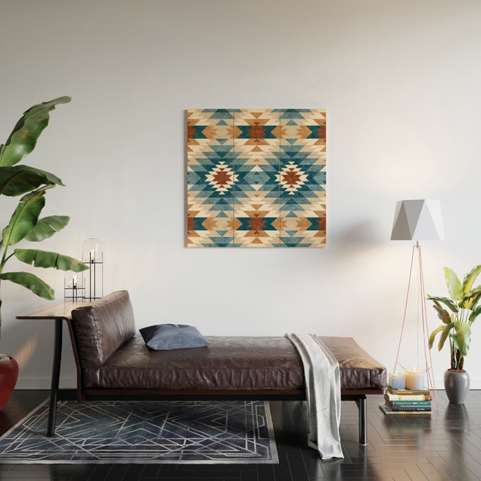 Aztec Pattern Blue Colors Wood Wall Art Gallery Image 2