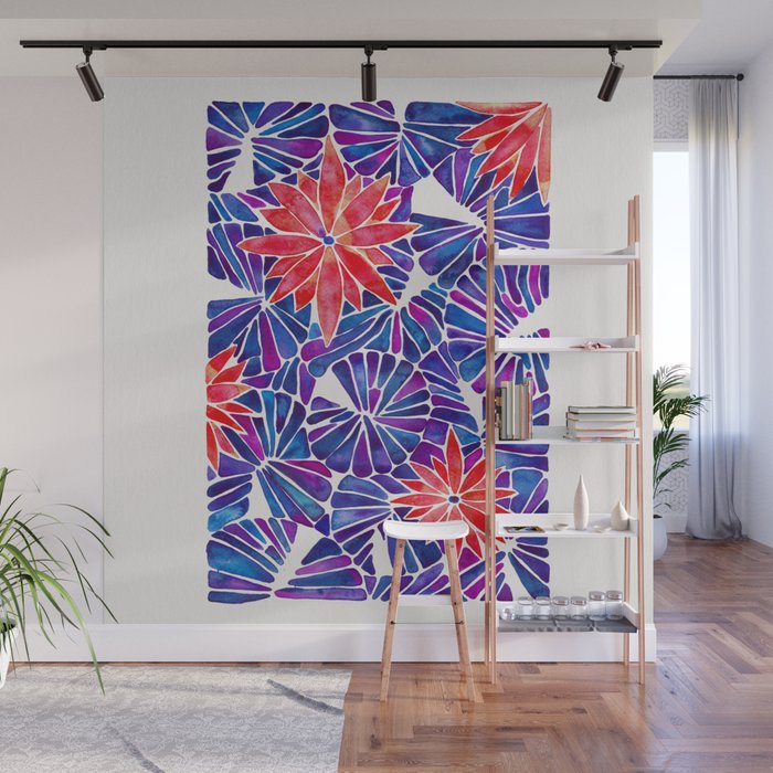 Water Lilies - Indigo & Red Palette Wall Mural Gallery Image 1