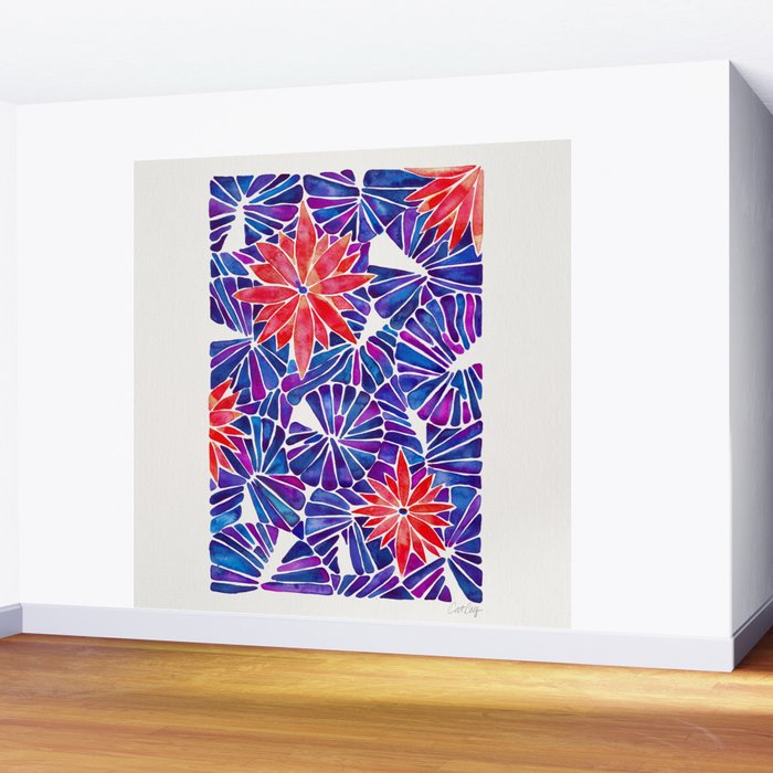 Water Lilies - Indigo & Red Palette Wall Mural Gallery Image 2