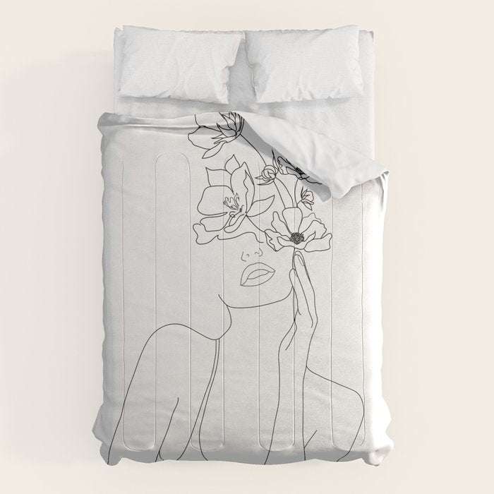 Minimal Line Art Woman with Flowers Comforter Gallery Image 6