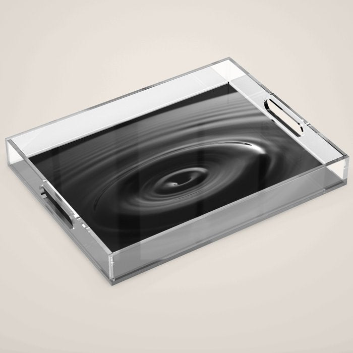 Zen water droplet in pool of water black and white inspirational photograph art print Acrylic Tray Gallery Image 1