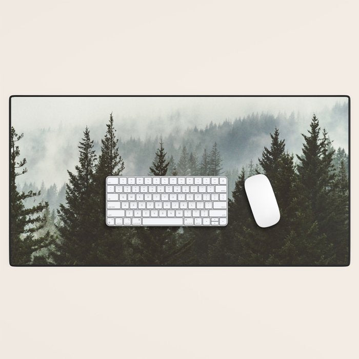 Wanderlust Forest II - Mountain Adventure in Foggy Woods Desk Mat Gallery Image 1