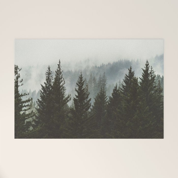 Wanderlust Forest II - Mountain Adventure in Foggy Woods Welcome Mat Gallery Image 1