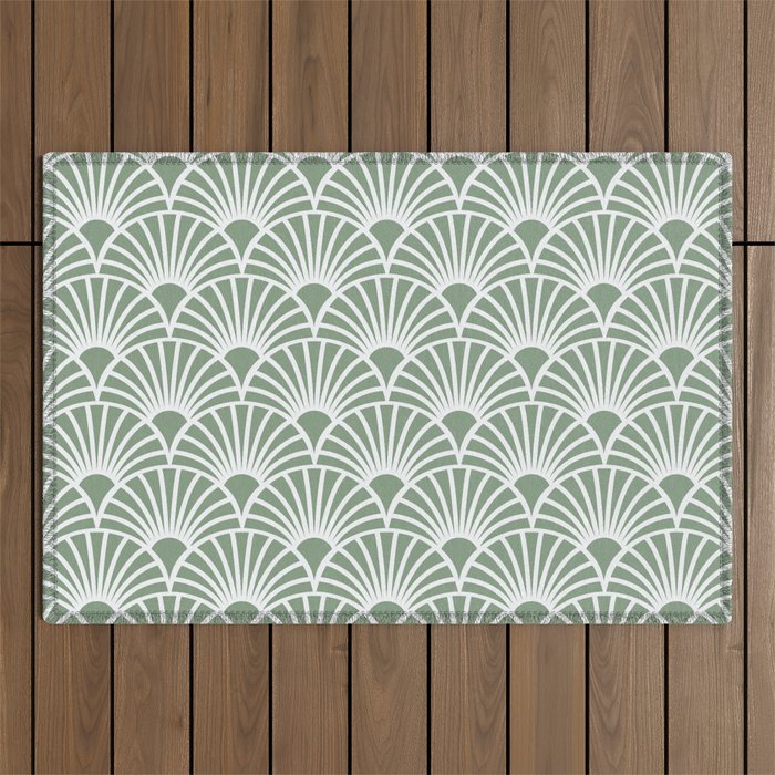 Art Deco Sage Green & White Abstract Fan Pattern Outdoor Rug Gallery Image 1