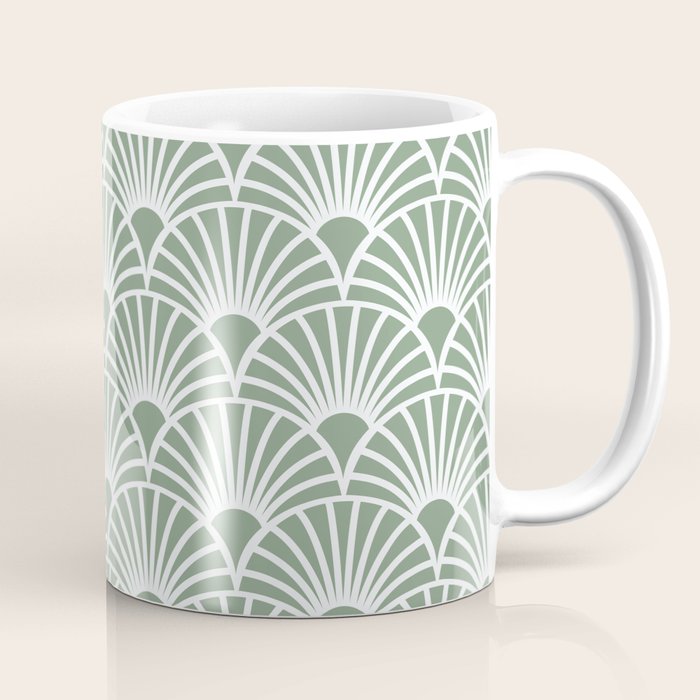 Art Deco Sage Green & White Abstract Fan Pattern Coffee Mug Gallery Image 1
