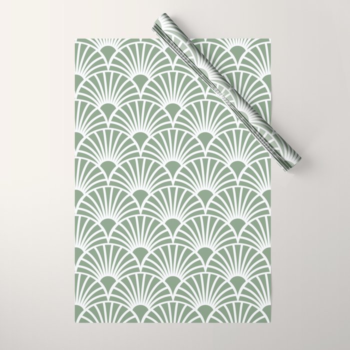 Art Deco Sage Green & White Abstract Fan Pattern Wrapping Paper Gallery Image 1