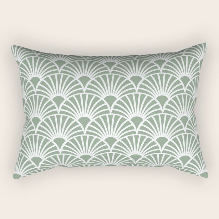 Art Deco Sage Green & White Abstract Fan Pattern Rectangular Pillow Gallery Image 1