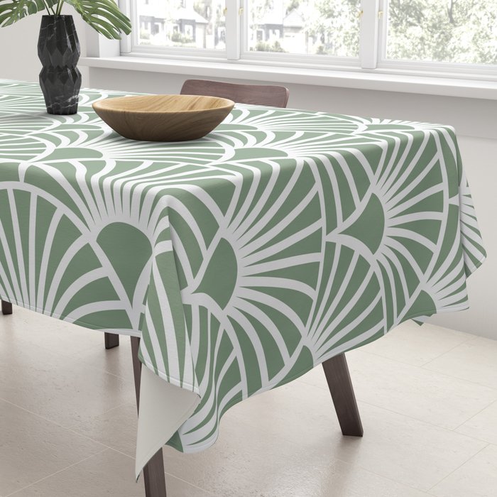 Art Deco Sage Green & White Abstract Fan Pattern Tablecloth Gallery Image 3