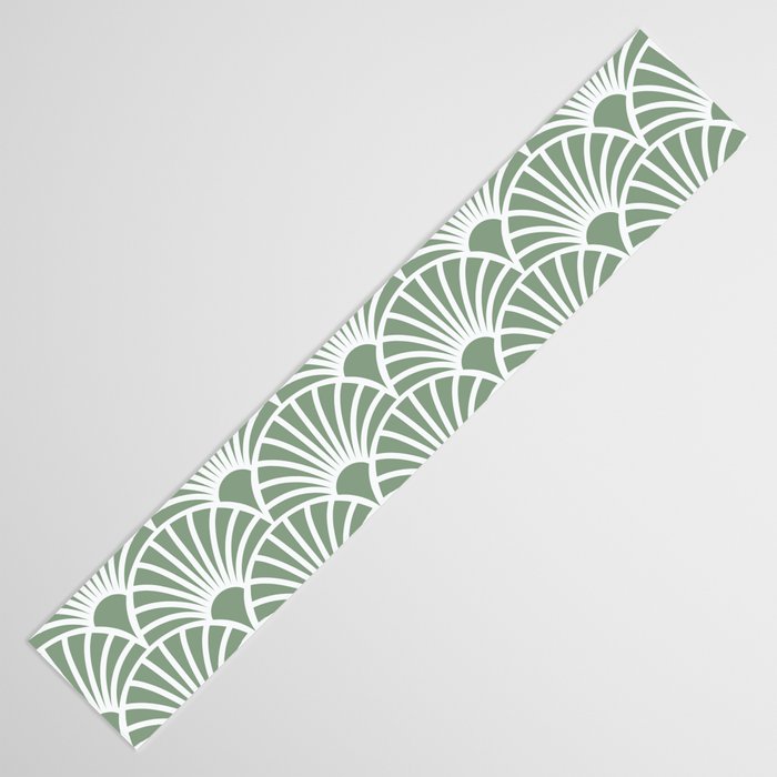 Art Deco Sage Green & White Abstract Fan Pattern Table Runner Gallery Image 3