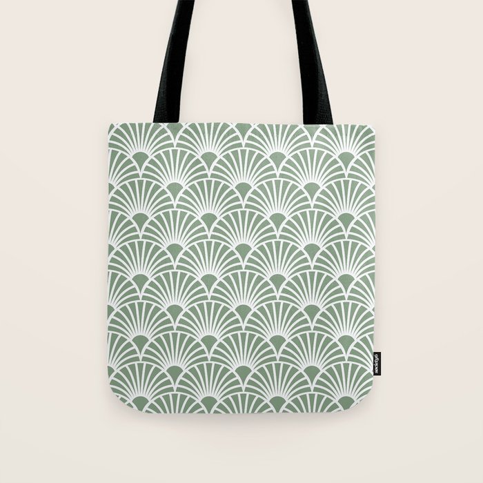 Art Deco Sage Green & White Abstract Fan Pattern Tote Bag Gallery Image 1