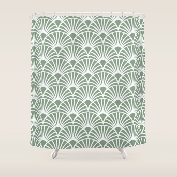Art Deco Sage Green & White Abstract Fan Pattern Shower Curtain Gallery Image 1