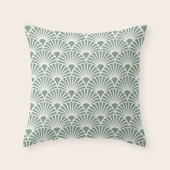 Art Deco Sage Green & White Abstract Fan Pattern Throw Pillow Gallery Image 6