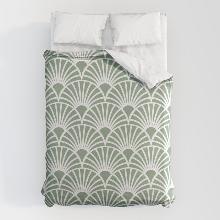 Art Deco Sage Green & White Abstract Fan Pattern Duvet Cover Gallery Image 6