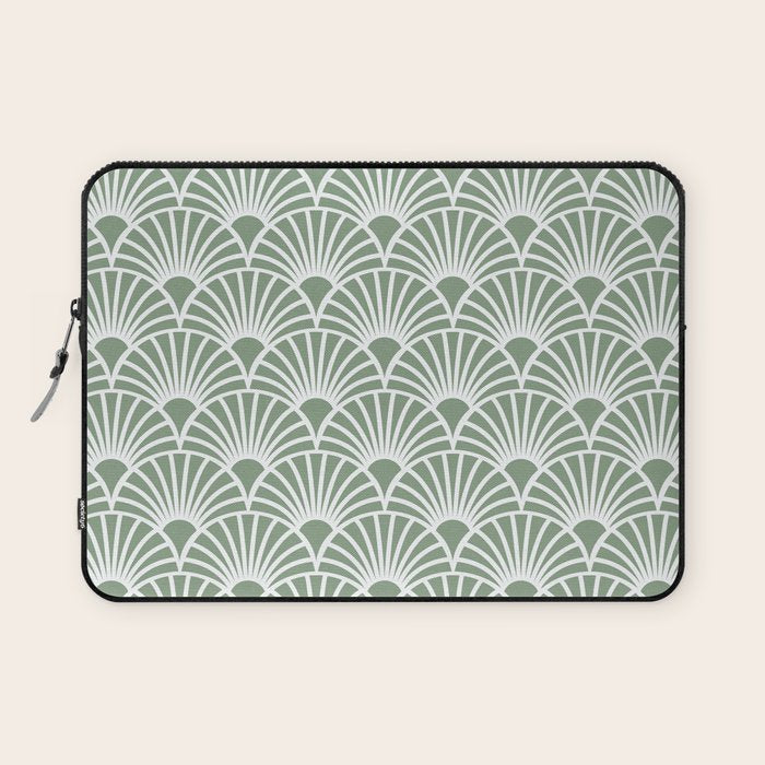 Art Deco Sage Green & White Abstract Fan Pattern Laptop Sleeve Gallery Image 1