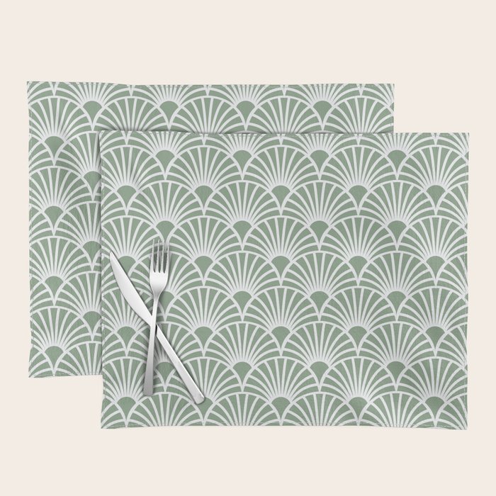 Art Deco Sage Green & White Abstract Fan Pattern Placemat Gallery Image 1