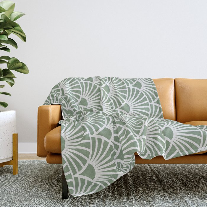 Art Deco Sage Green & White Abstract Fan Pattern Throw Blanket Gallery Image 2
