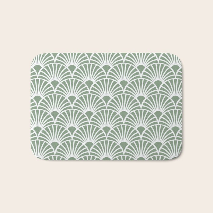 Art Deco Sage Green & White Abstract Fan Pattern Bath Mat Gallery Image 1