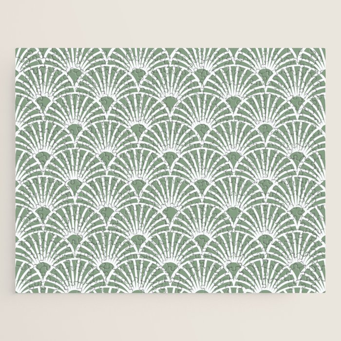 Art Deco Sage Green & White Abstract Fan Pattern Jigsaw Puzzle Gallery Image 1
