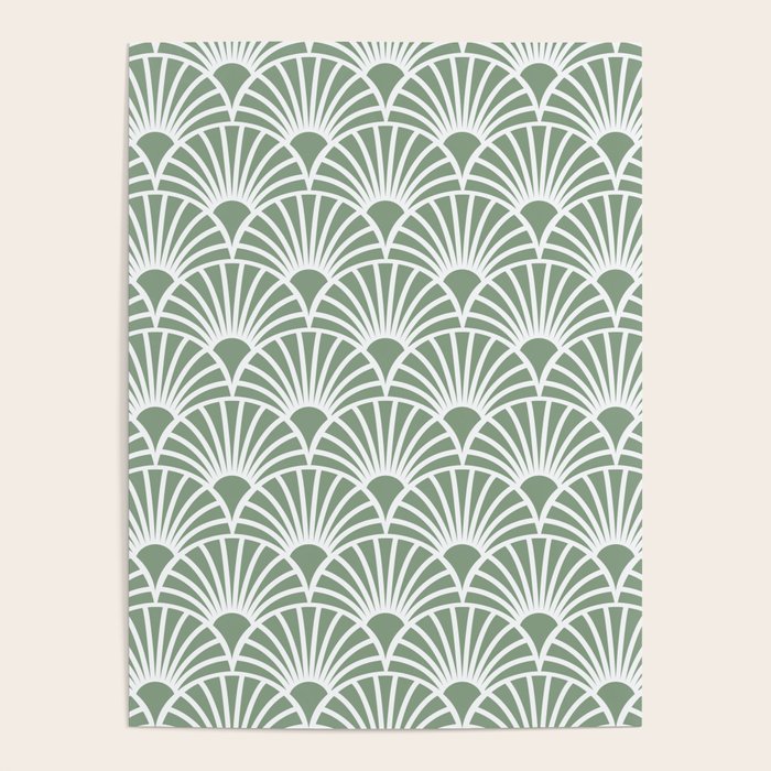 Art Deco Sage Green & White Abstract Fan Pattern Poster Gallery Image 4