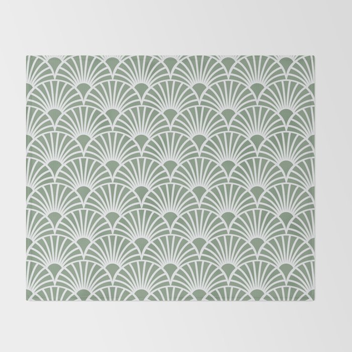 Art Deco Sage Green & White Abstract Fan Pattern Throw Blanket Gallery Image 2